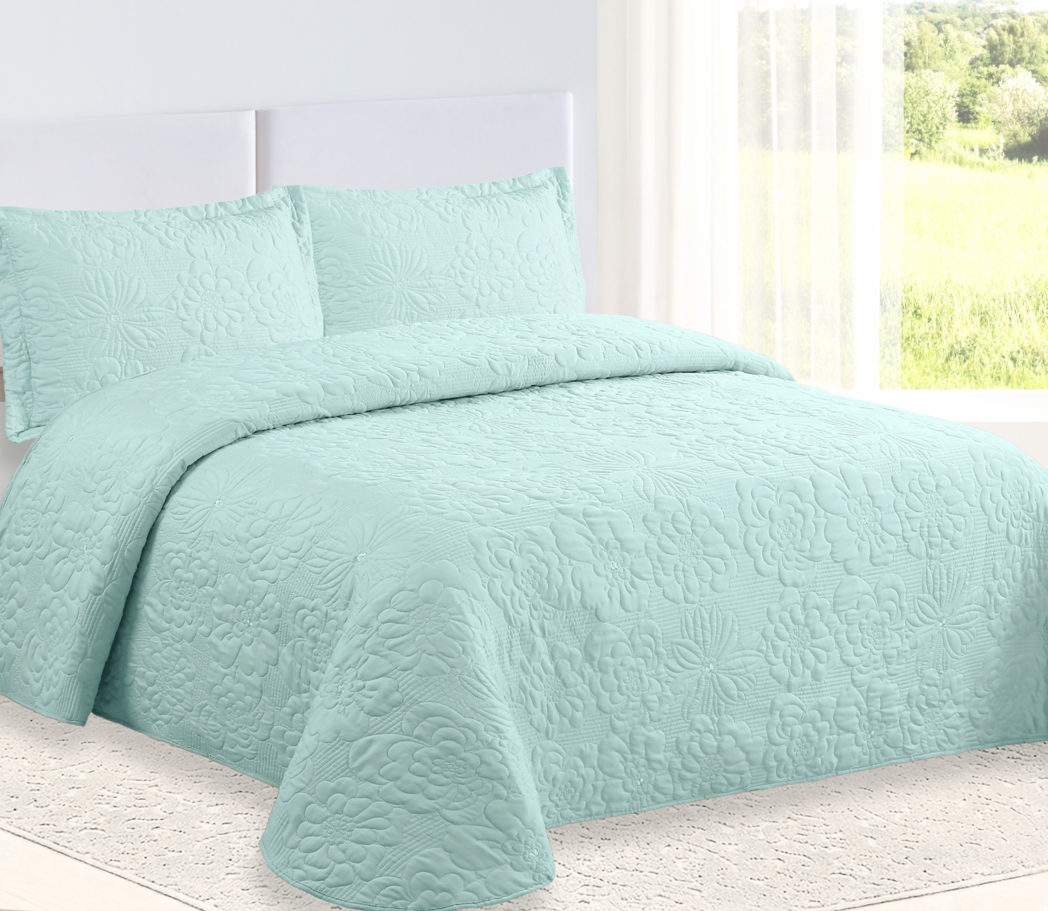 Colcha Bordada Davi Verde Água